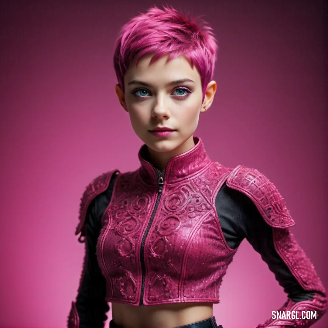 RGB 220,75,137. Woman with pink hair and a leather jacket on posing for a picture in a pink background