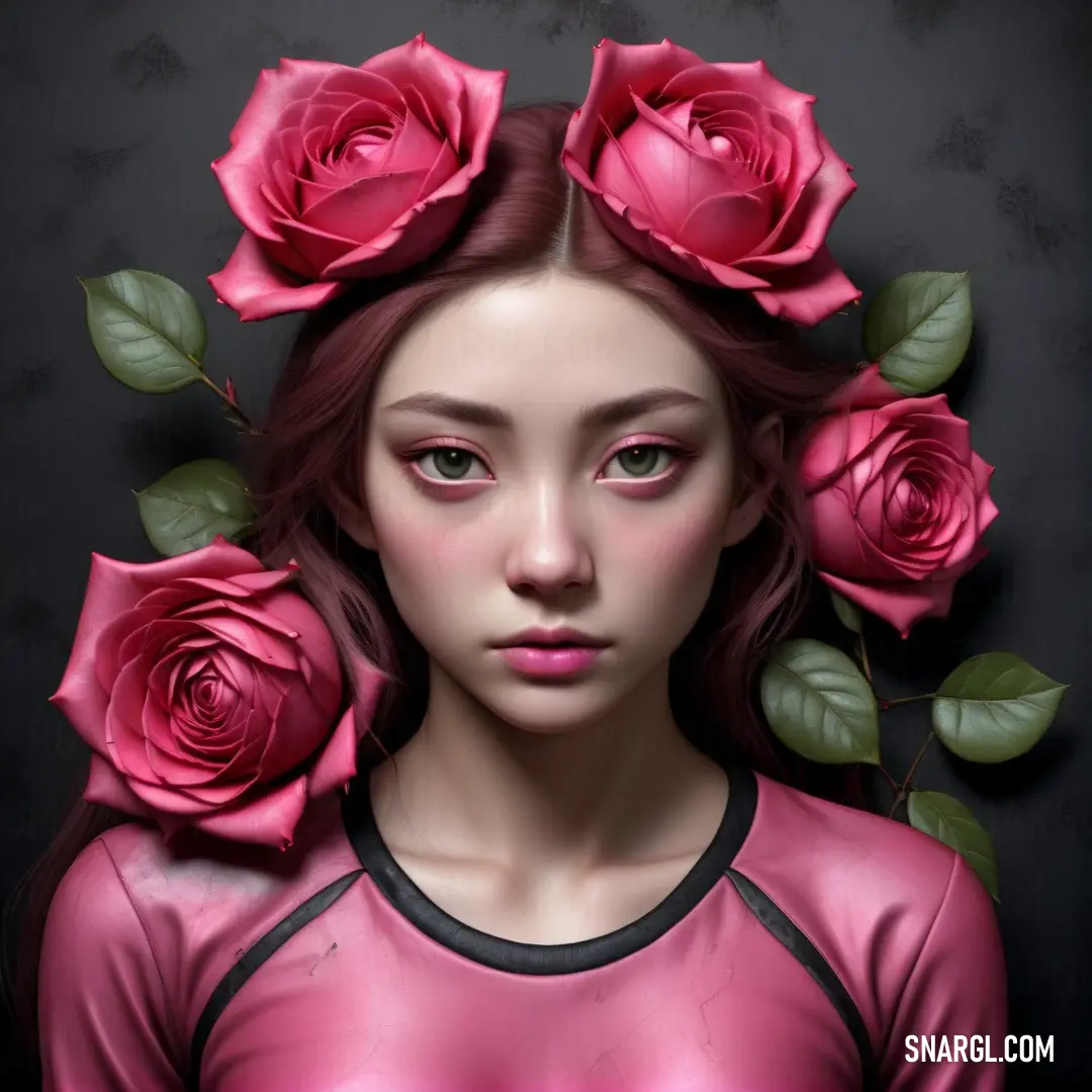 Woman with roses in her hair and a pink shirt on her head. Color PANTONE 7424.