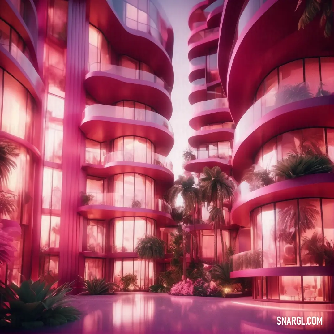 Futuristic building with a pool in front of it and palm trees in the background. Example of RGB 189,51,98 color.