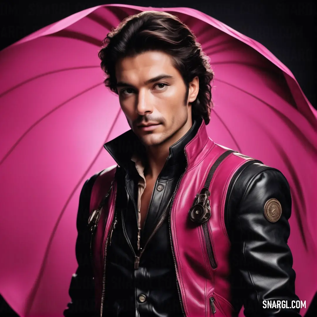 Man in a leather jacket holding a pink umbrella in front of a black background. Color CMYK 6,96,32,13.