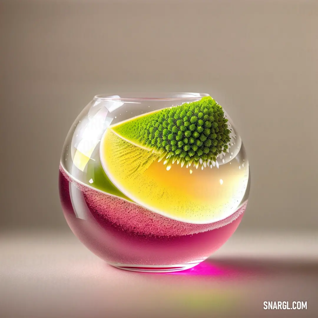 Vase with a green leaf inside of it on a table top with a light background. Example of PANTONE 7425 color.