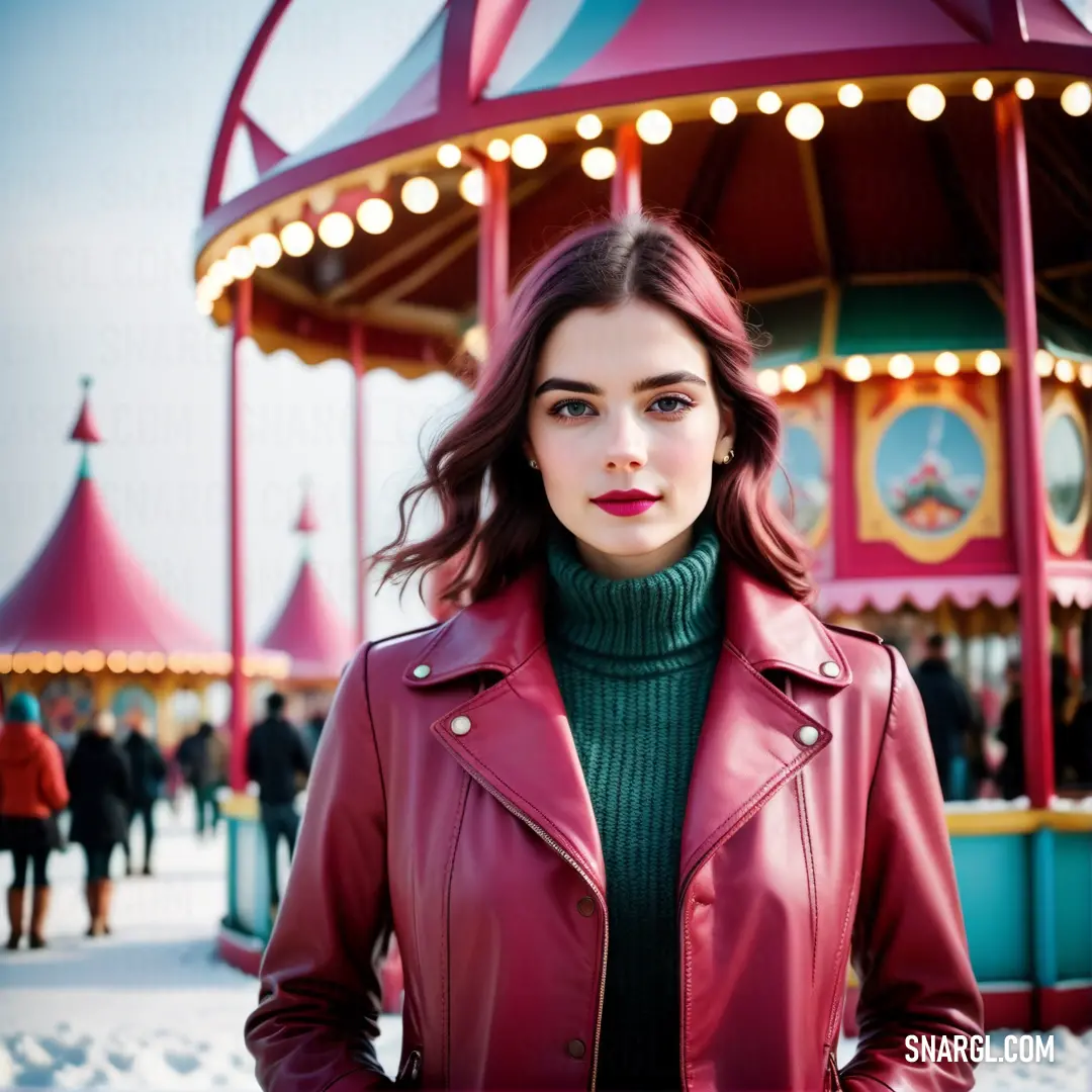 Woman in a red leather jacket standing in front of a carousel at a carnival park with people walking around. Example of RGB 189,51,98 color.