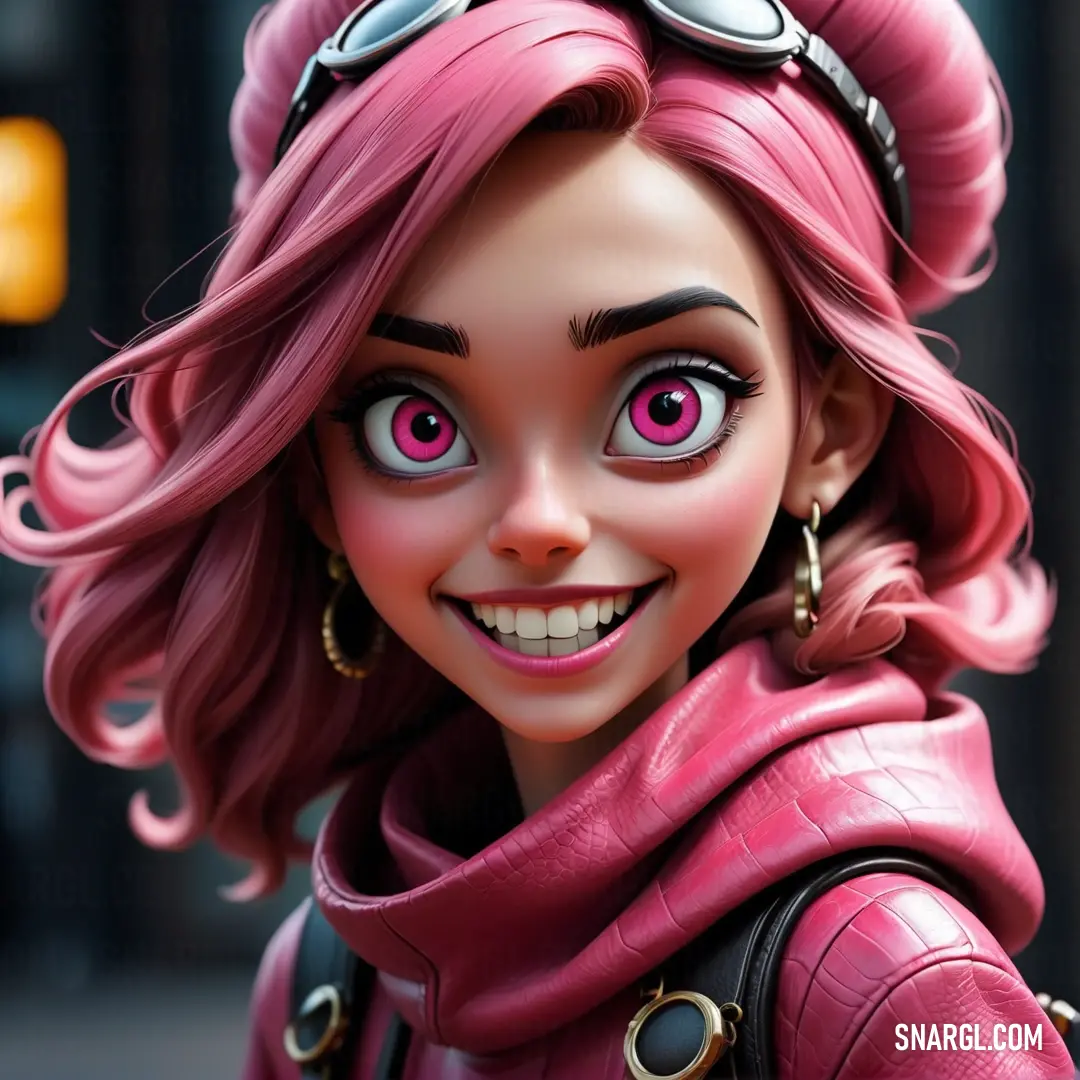 PANTONE 7426 color. Close up of a doll with pink hair and goggles on her head and a pink scarf around her neck