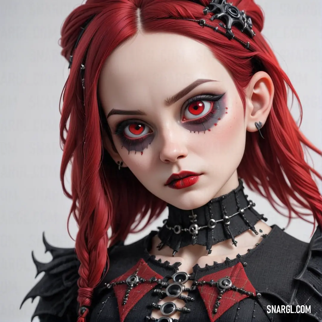 Doll with red hair and black makeup and red eyes with black spikes and chains on her neck and chest. Color PANTONE 7427.