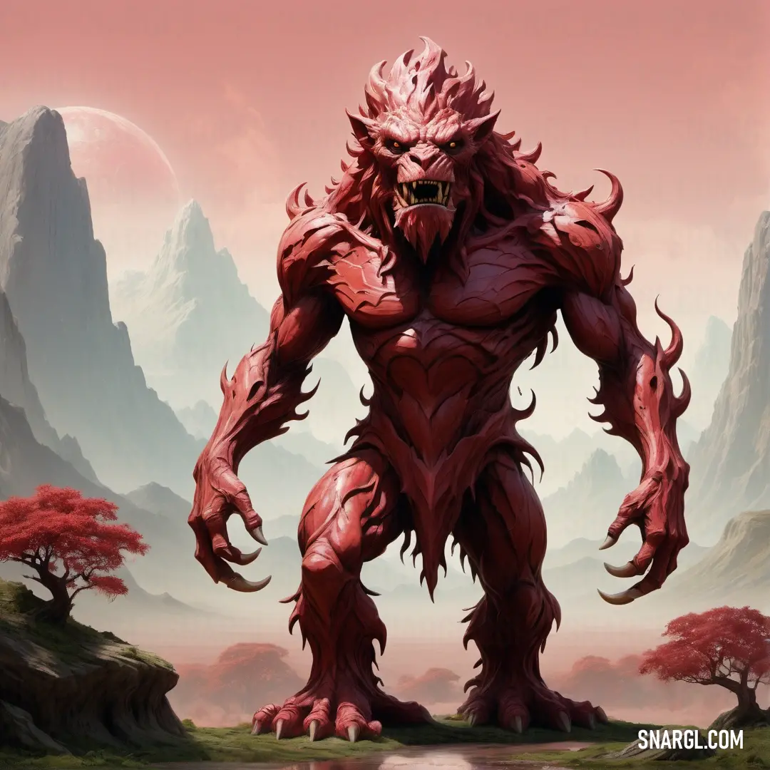 Giant red monster standing in a mountainous area with a lake in front of it. Color RGB 161,44,54.