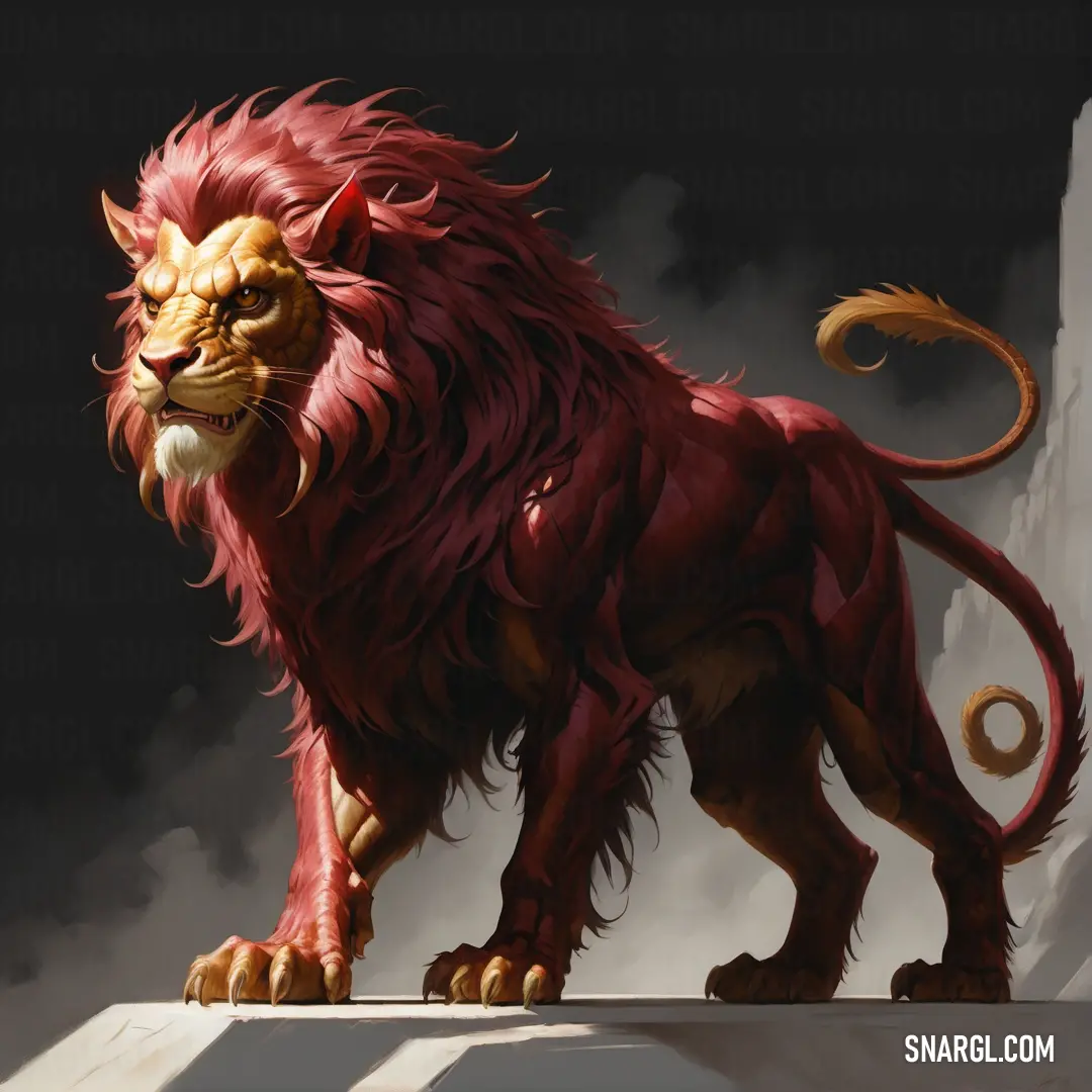 Lion standing on a ledge with its mouth open and its tail curled up in the air. Color PANTONE 7427.