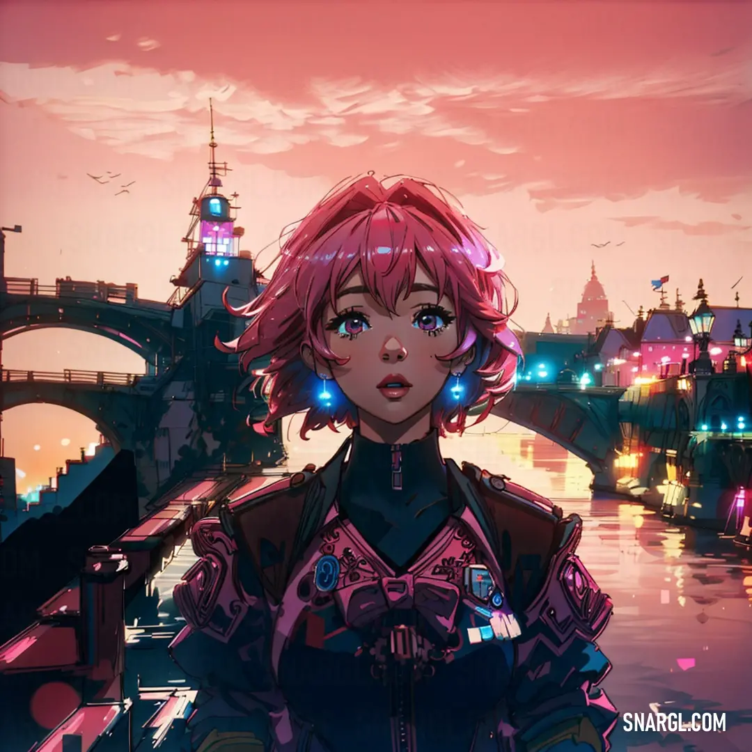 Girl with pink hair and blue eyes standing in front of a bridge at night with a city in the background. Example of PANTONE 7428 color.