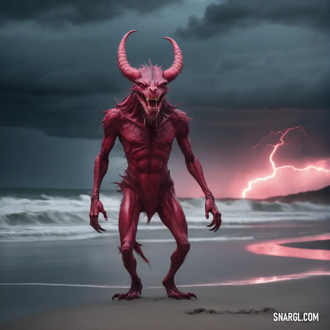 Red demon standing on top of a beach under a cloudy sky with lightning behind it and a pink lightening behind it