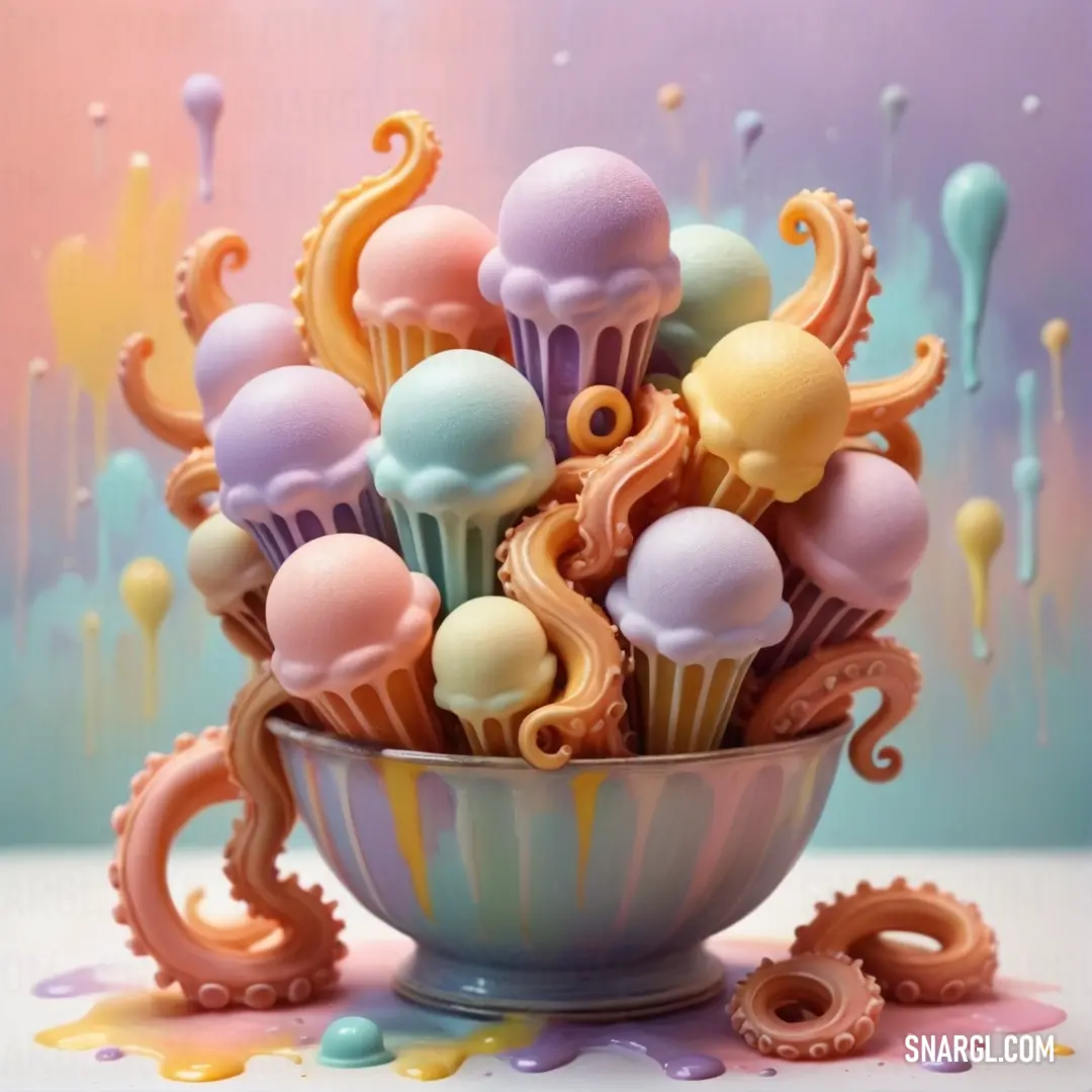 PANTONE 7430 color. Bowl of colorfully decorated cupcakes on a table with sprinkles and paint drops