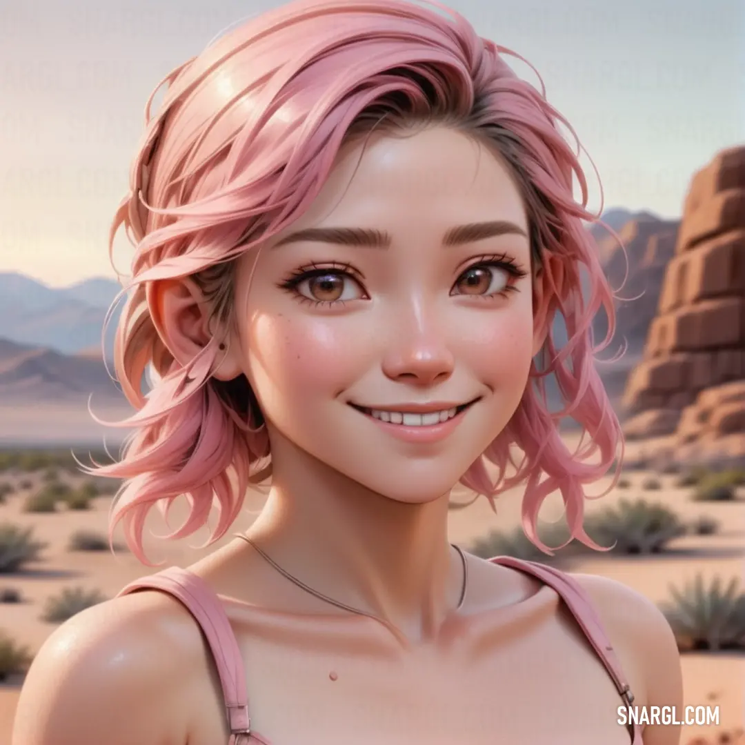 Digital painting of a woman with pink hair and a pink bra top smiling at the camera with mountains in the background