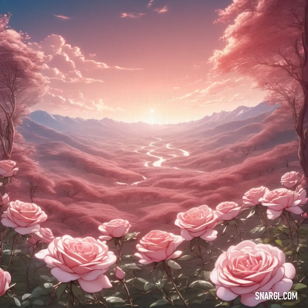 Painting of a pink rose field with a sunset in the background. Color RGB 222,168,193.