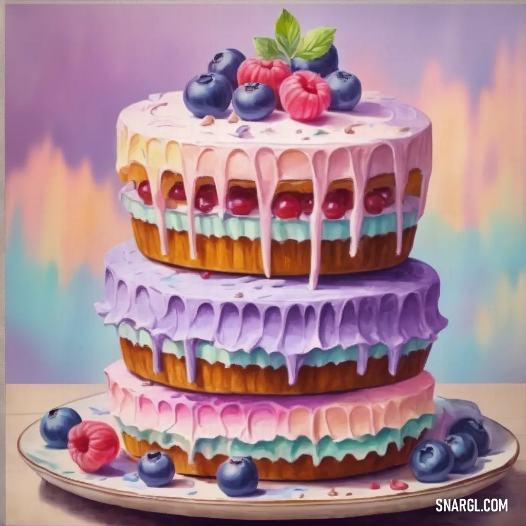 Painting of a three layer cake with blueberries and raspberries on top of it. Color #DEA8C1.