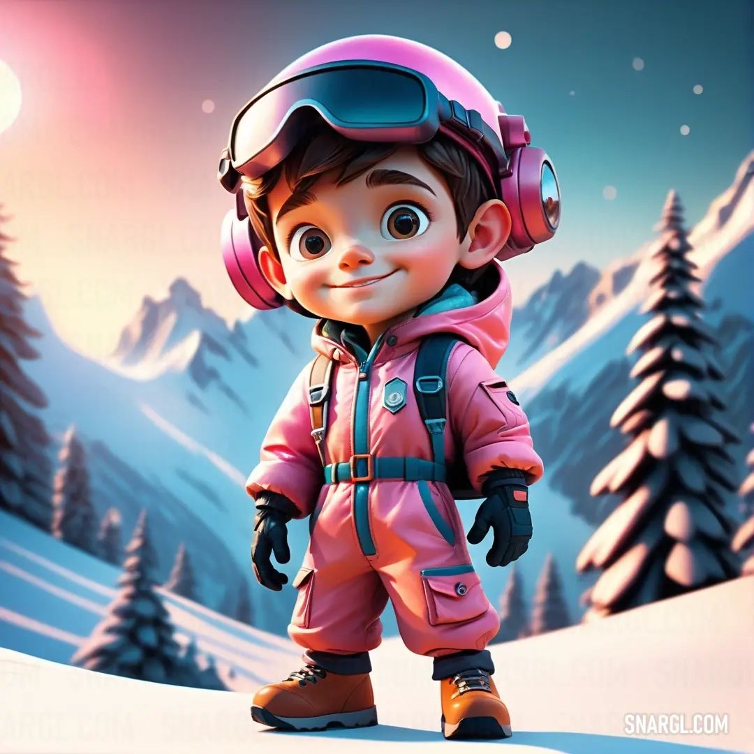 Cartoon character in a pink snow suit and helmet standing in the snow with a mountain background and full moon. Example of PANTONE 7432 color.