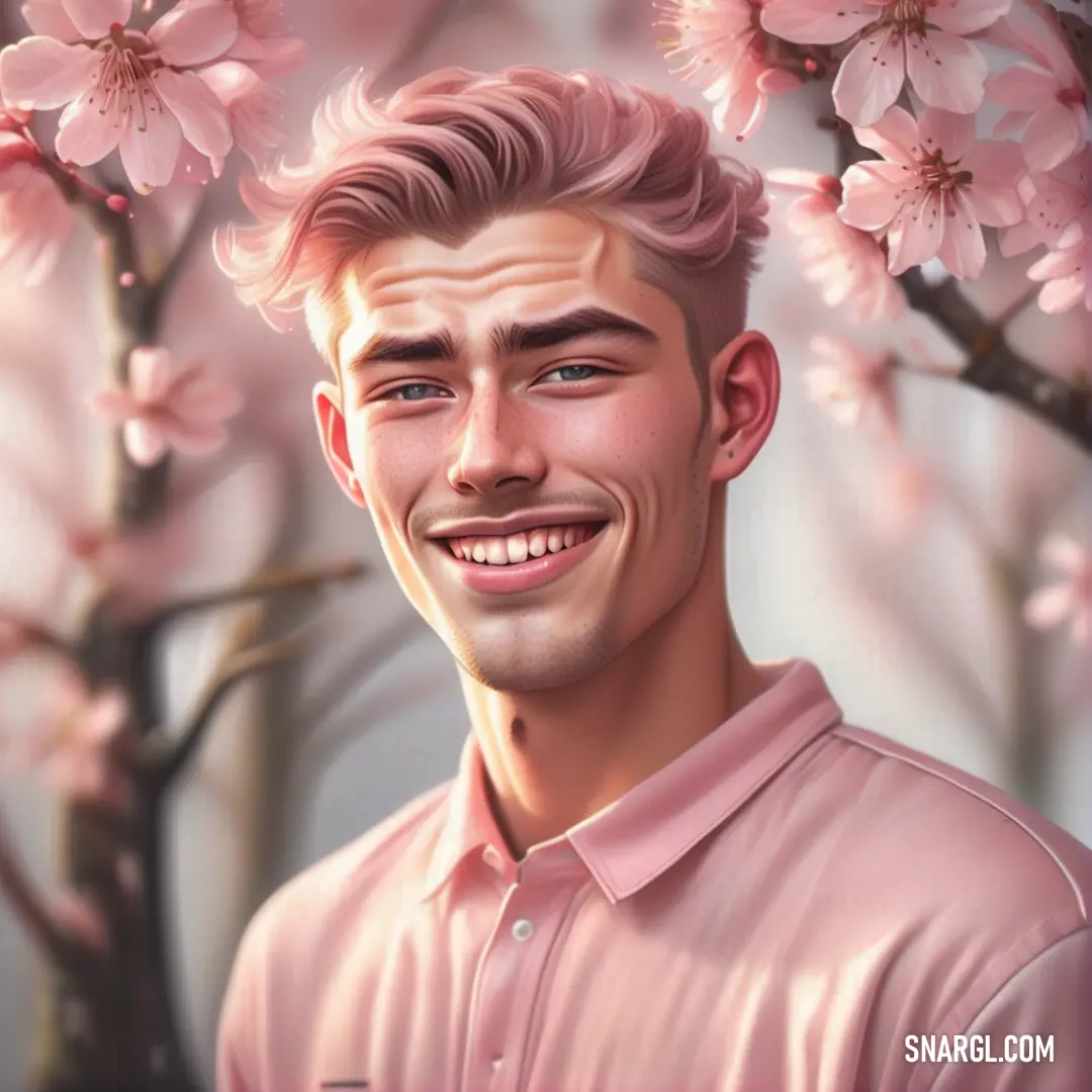 Man with a pink shirt and a pink flowered tree in the background is a digital painting of a man smiling. Example of PANTONE 7432 color.