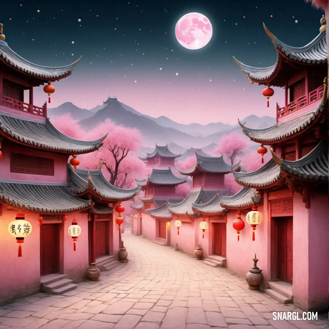 PANTONE 7432 color. Painting of a street with a full moon in the sky above it and a pink sky with clouds