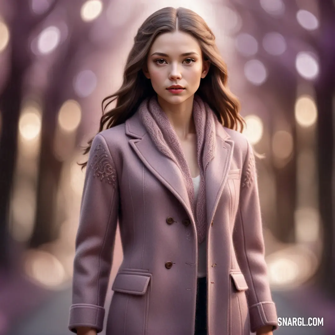 Woman in a pink coat is walking down a street with a blurry background of trees and lights. Color #BC5C84.
