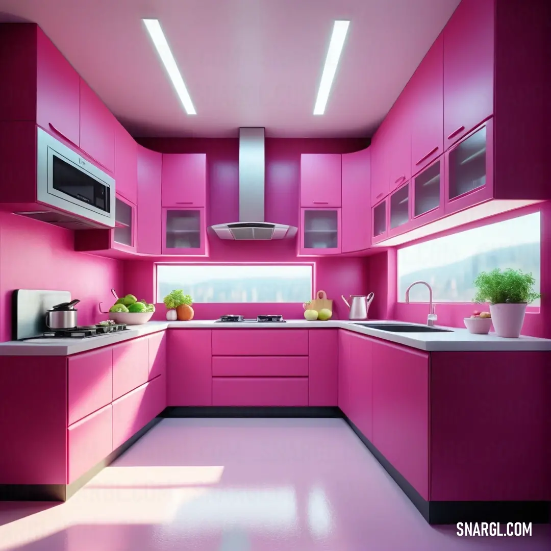 PANTONE 7433 color example: Kitchen with pink cabinets and a white counter top and a potted plant on the counter top and a window