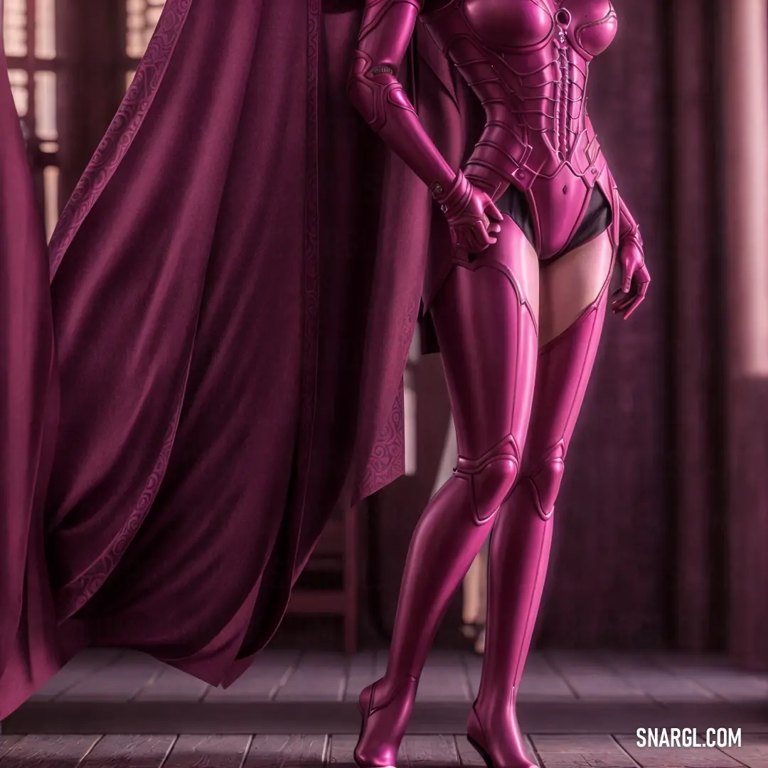 Woman in a pink costume is standing in a room with curtains and a curtain behind her. Color RGB 175,57,106.