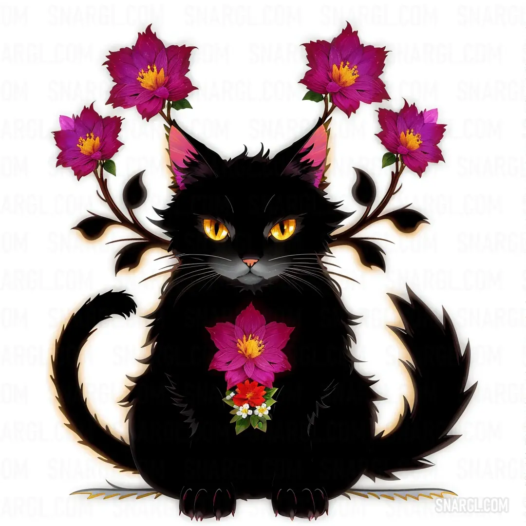 PANTONE 7434 color example: Black cat with flowers on its head and eyes down with a flower in its mouth