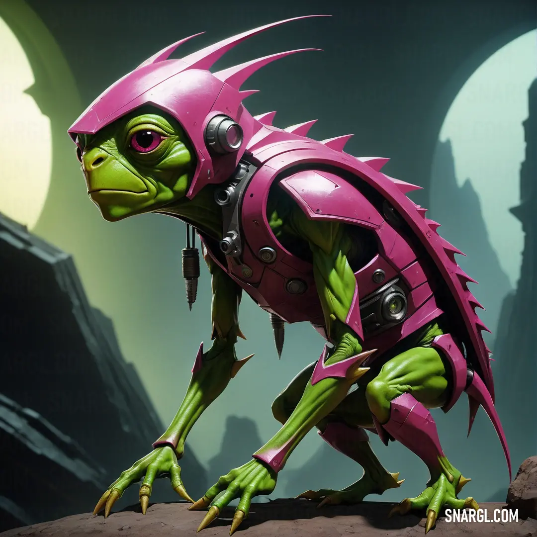 Cartoon character in a pink outfit with spikes on his head and claws on his body