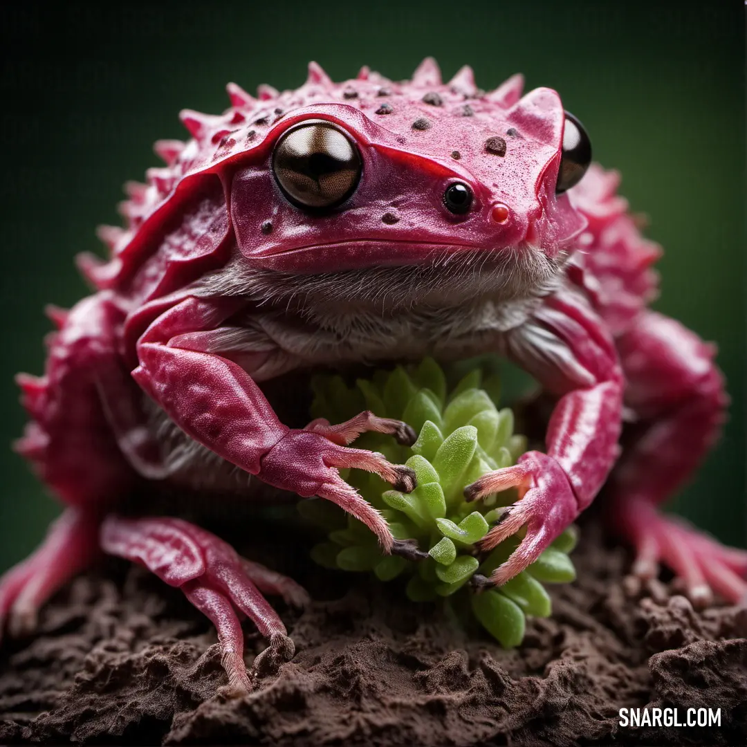 Frog with a red body and black eyes on a rock with a plant in its mouth and a green leaf in its mouth. Example of PANTONE 7434 color.