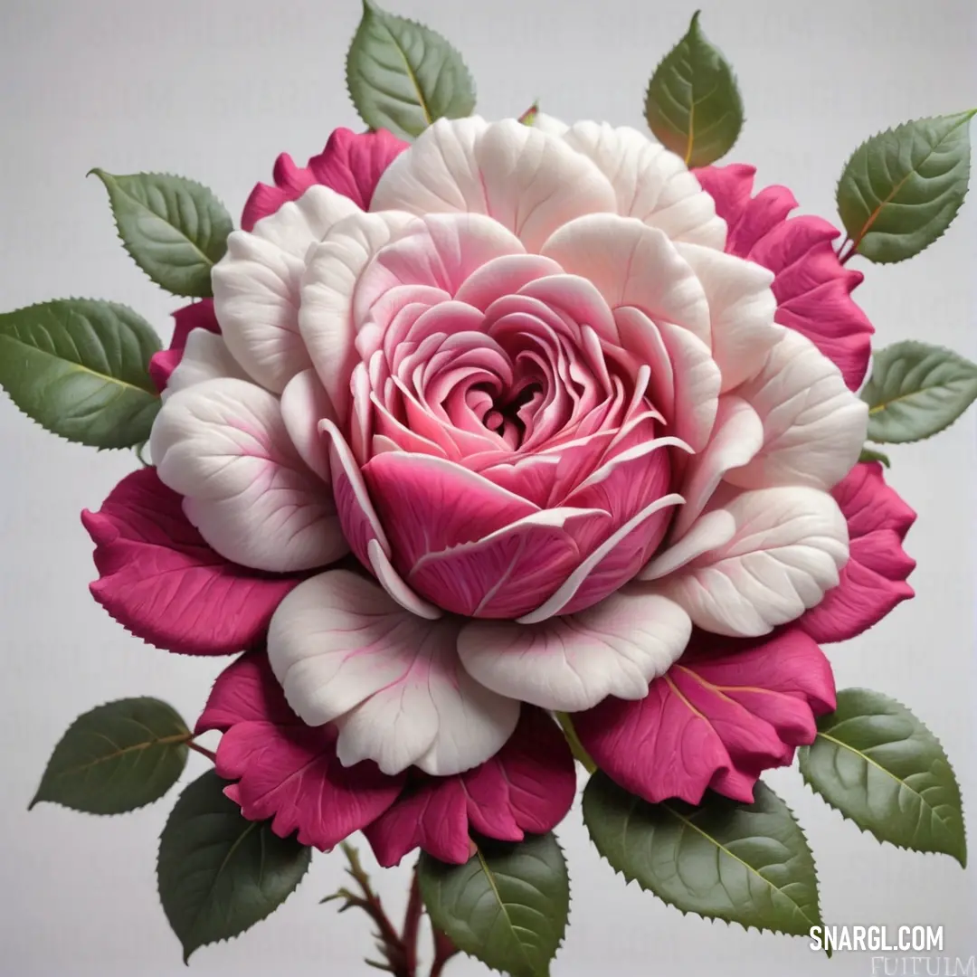 Pink and white flower with green leaves on a white background