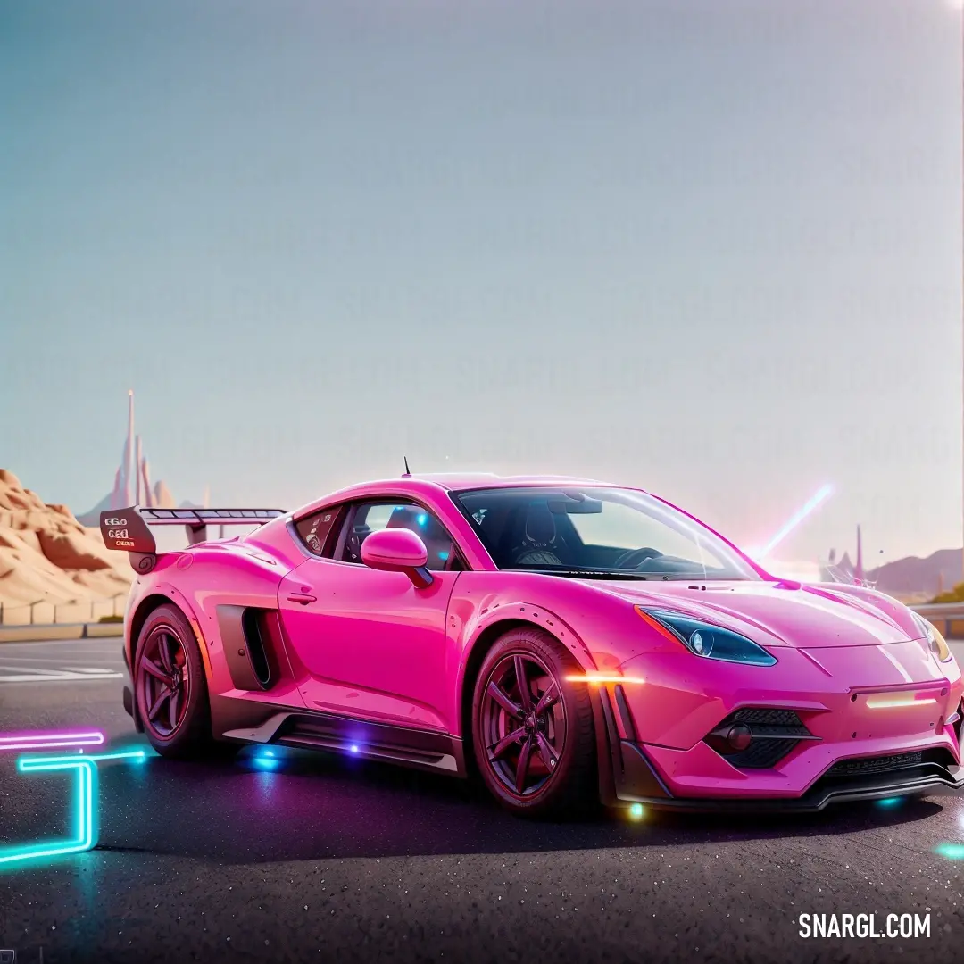 Pink sports car with neon lights on the side of it's body and a city in the background. Example of #A02E5A color.