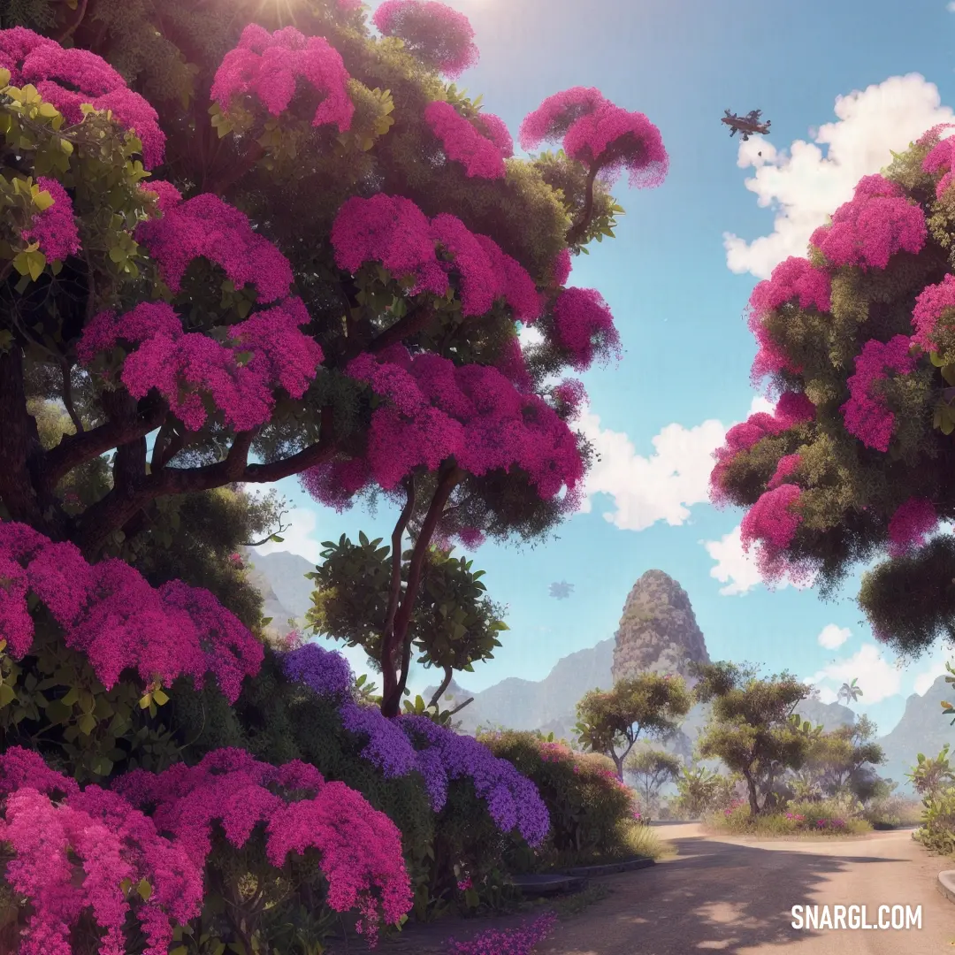PANTONE 7435 color. Scenic view of a road with pink flowers on the side of it and a mountain in the background