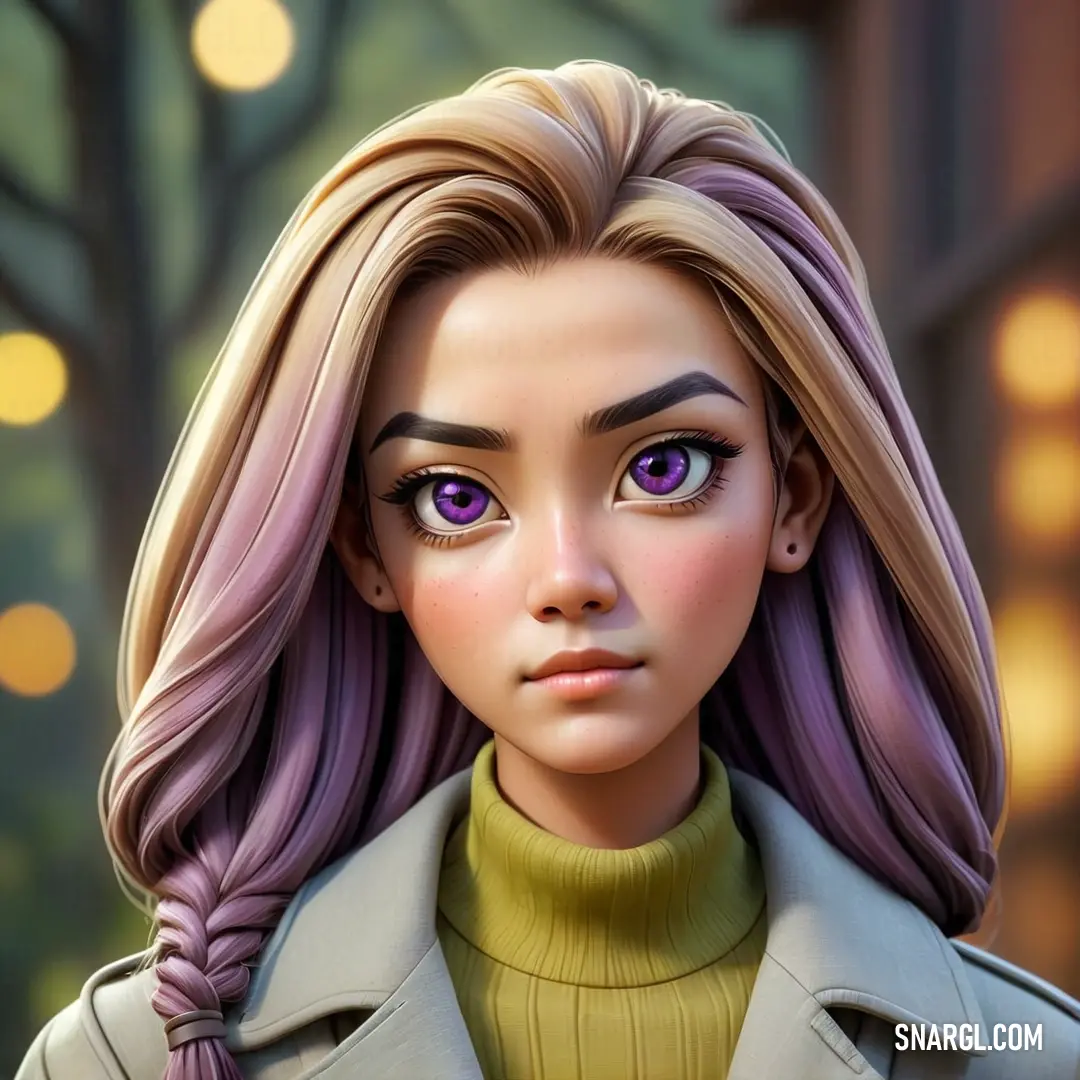 Cartoon girl with purple hair and a green turtle neck sweater and a trench coat on a city street. Example of PANTONE 7437 color.