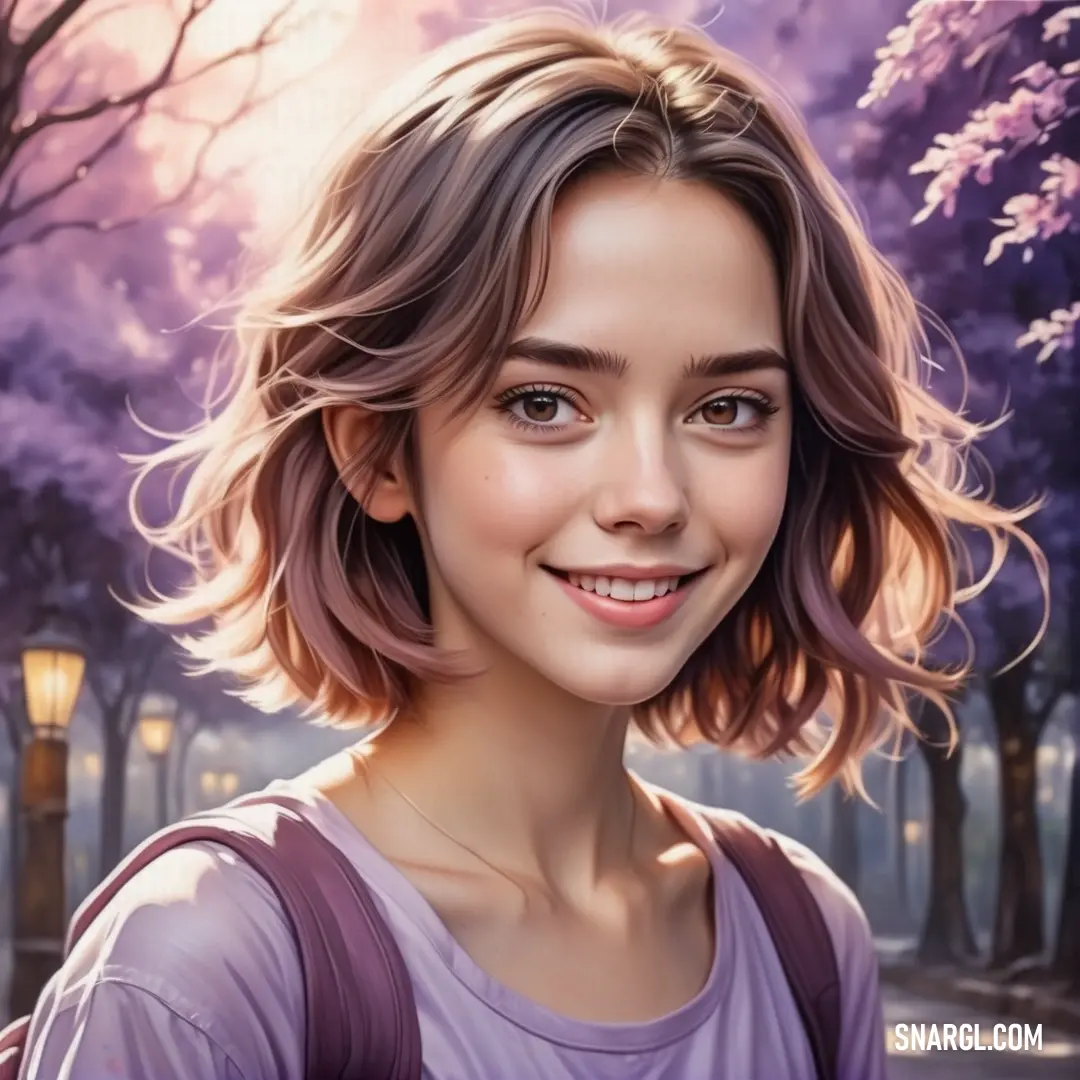 Painting of a girl with a purple shirt and a purple shirt on and a purple background. Color PANTONE 7437.