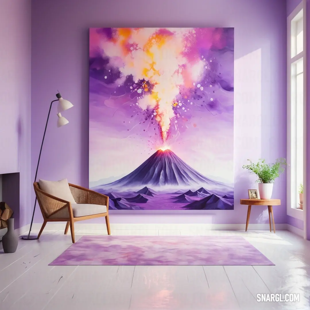 Painting of a volcano in a purple room with a chair and table in front of it. Color #D0AFCE.