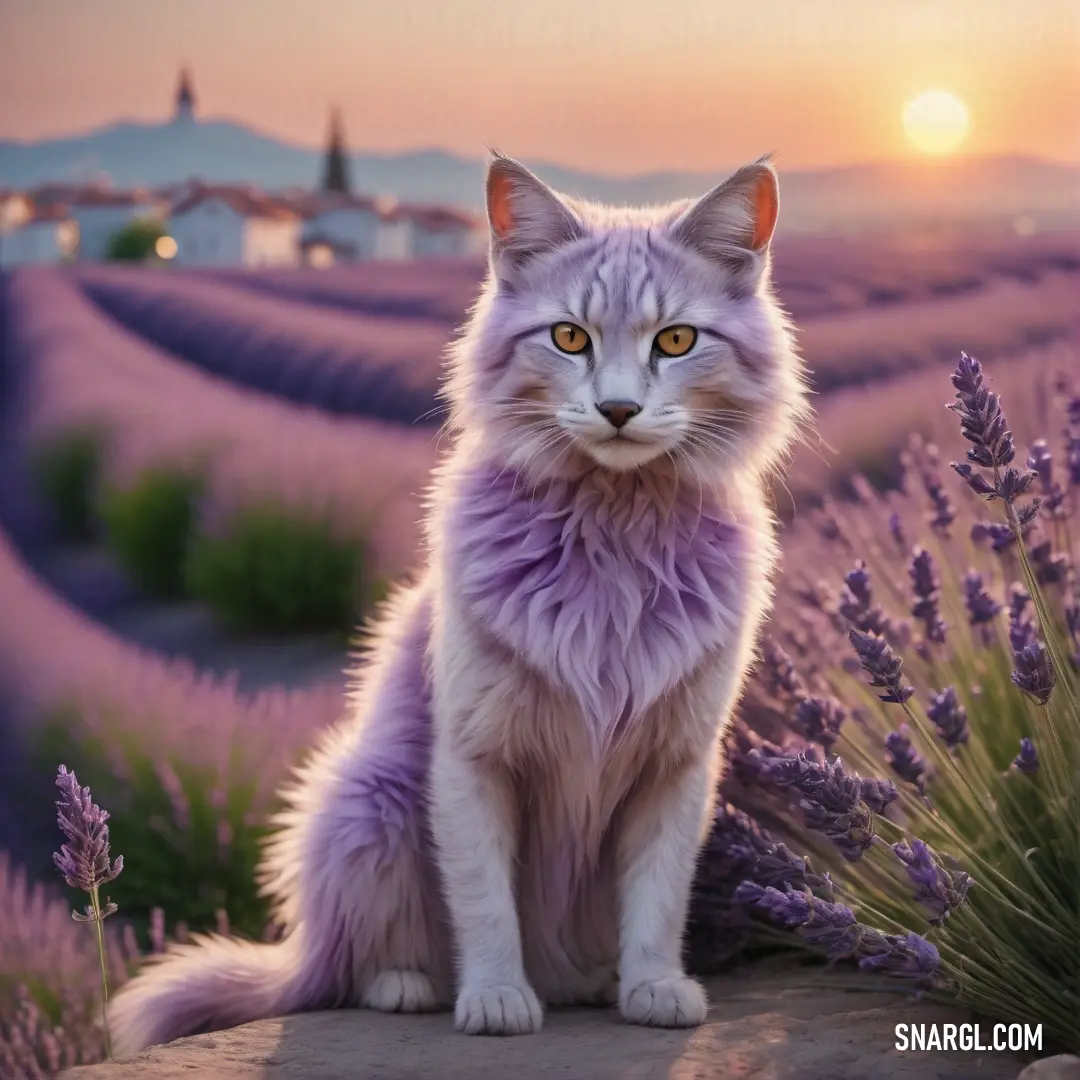 Cat on a rock in a lavender field at sunset with a lavender field in the background and a building in the distance