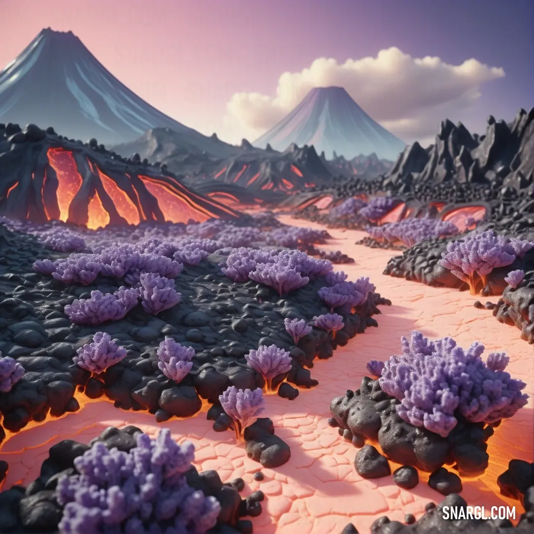 Computer generated landscape of lava and flowers in the foreground. Example of RGB 185,141,188 color.