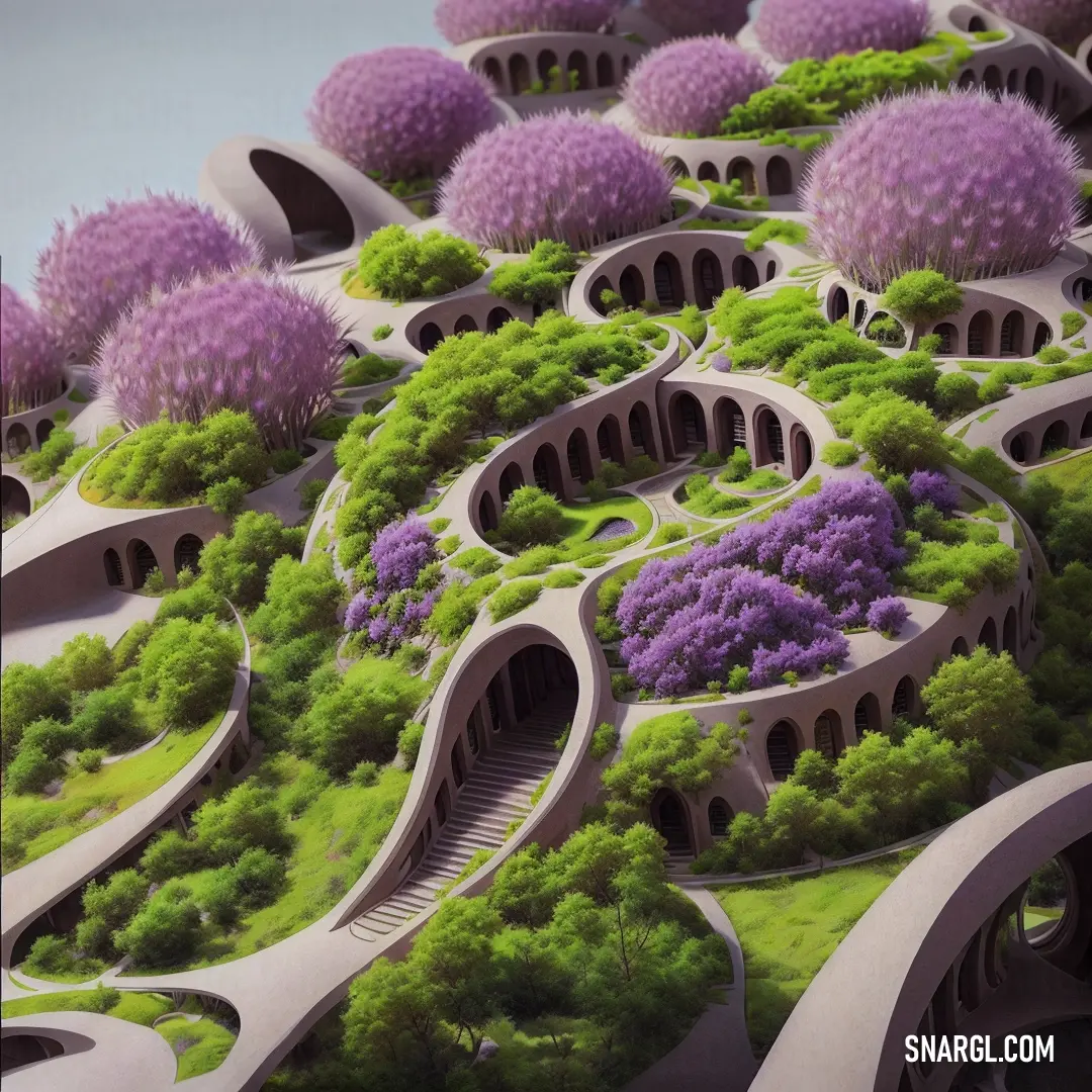 Futuristic landscape with trees and bushes on the hillside and a spiral staircase leading to the top of the hill
