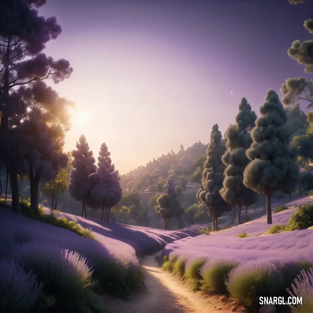 Painting of a lavender field with trees and bushes in the foreground. Color PANTONE 7439.