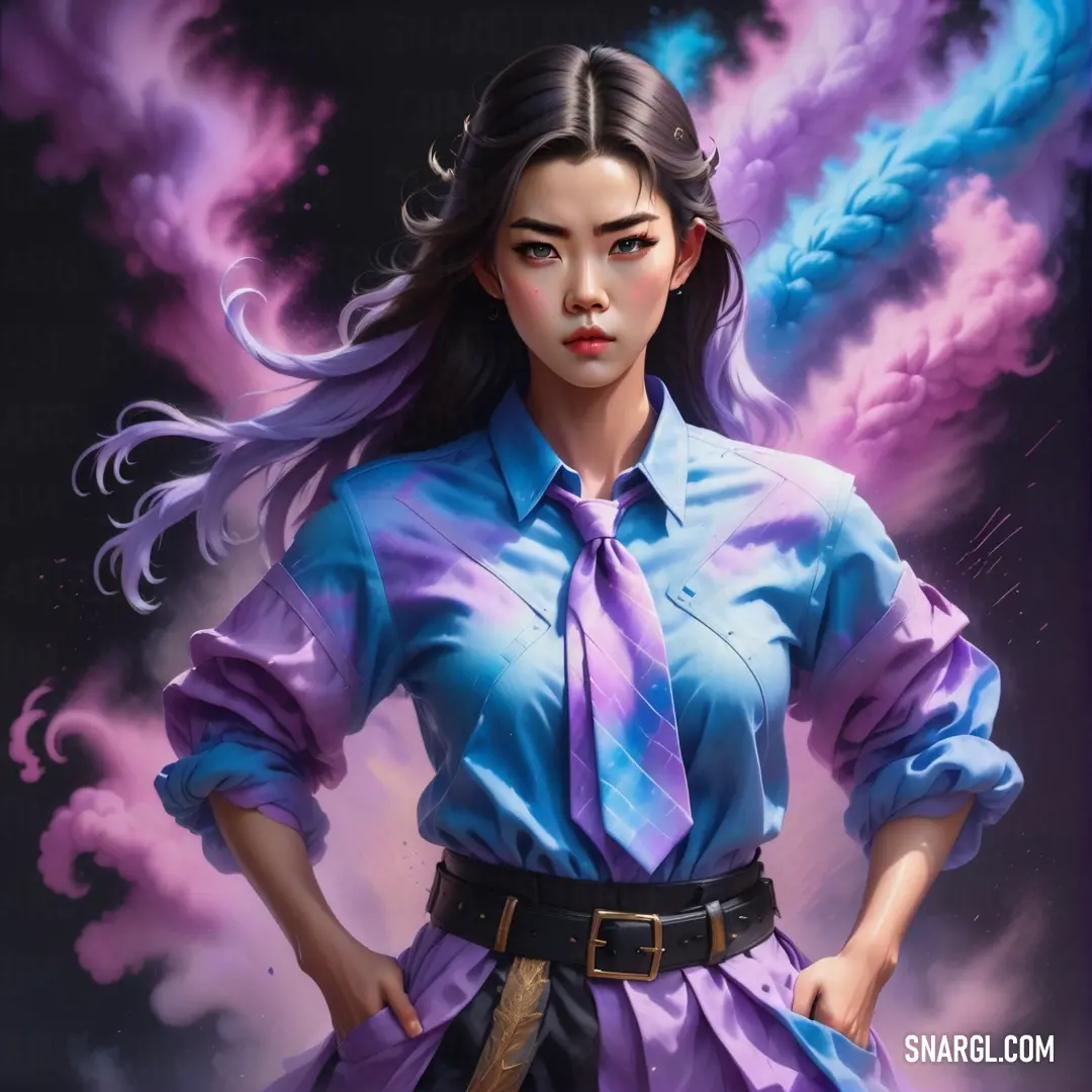 Woman in a tie and dress shirt standing in front of a painting of a purple and blue feather. Color #B98DBC.