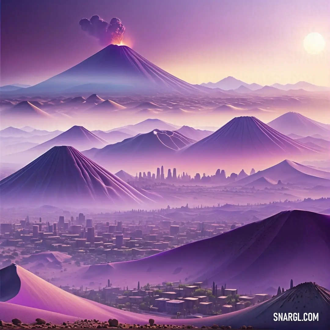 PANTONE 7440 color example: Painting of a mountain range with a city in the distance and a purple sky with a sun in the background