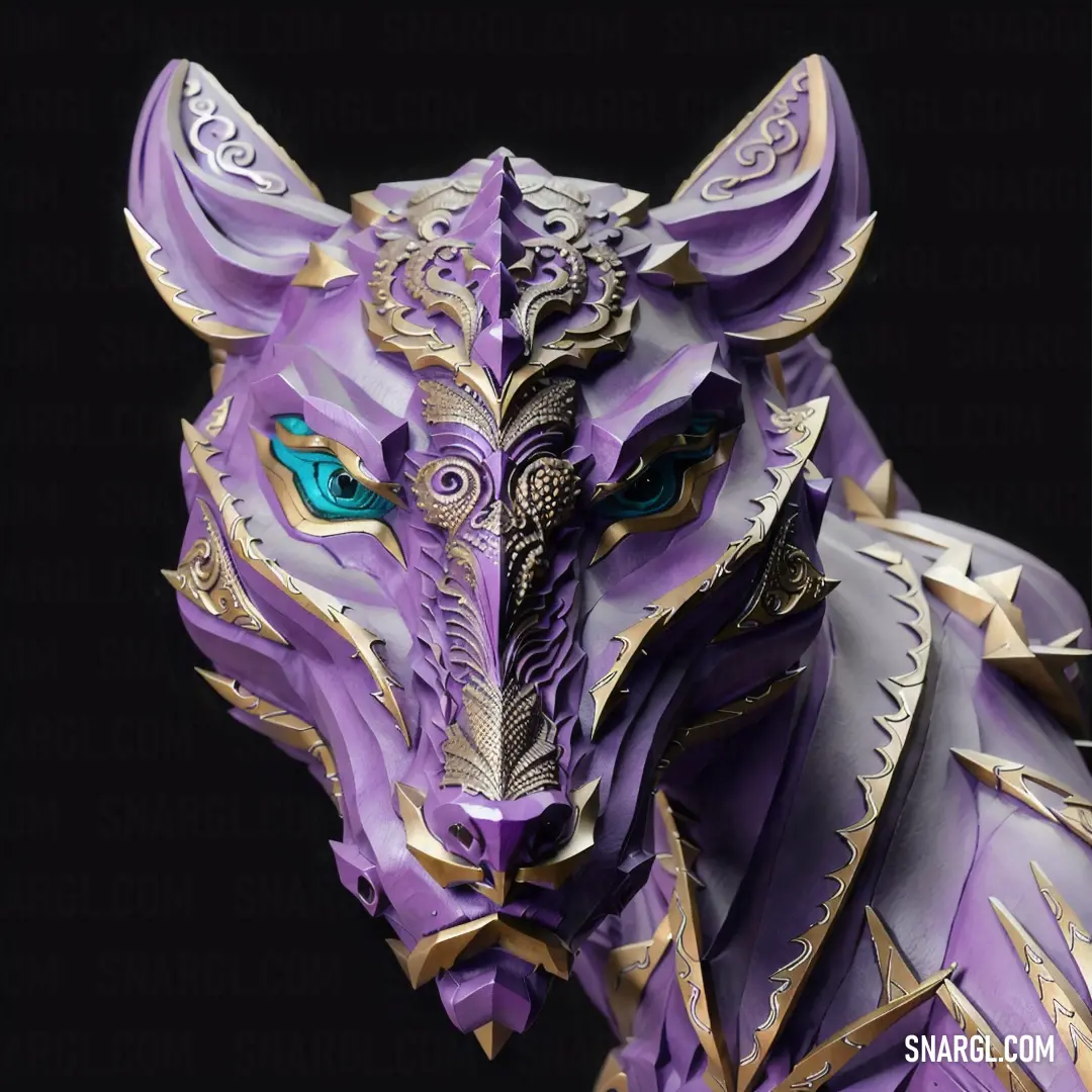 PANTONE 7440 color. Purple paper sculpture of a cat with a green eye and a gold tail and headpiece