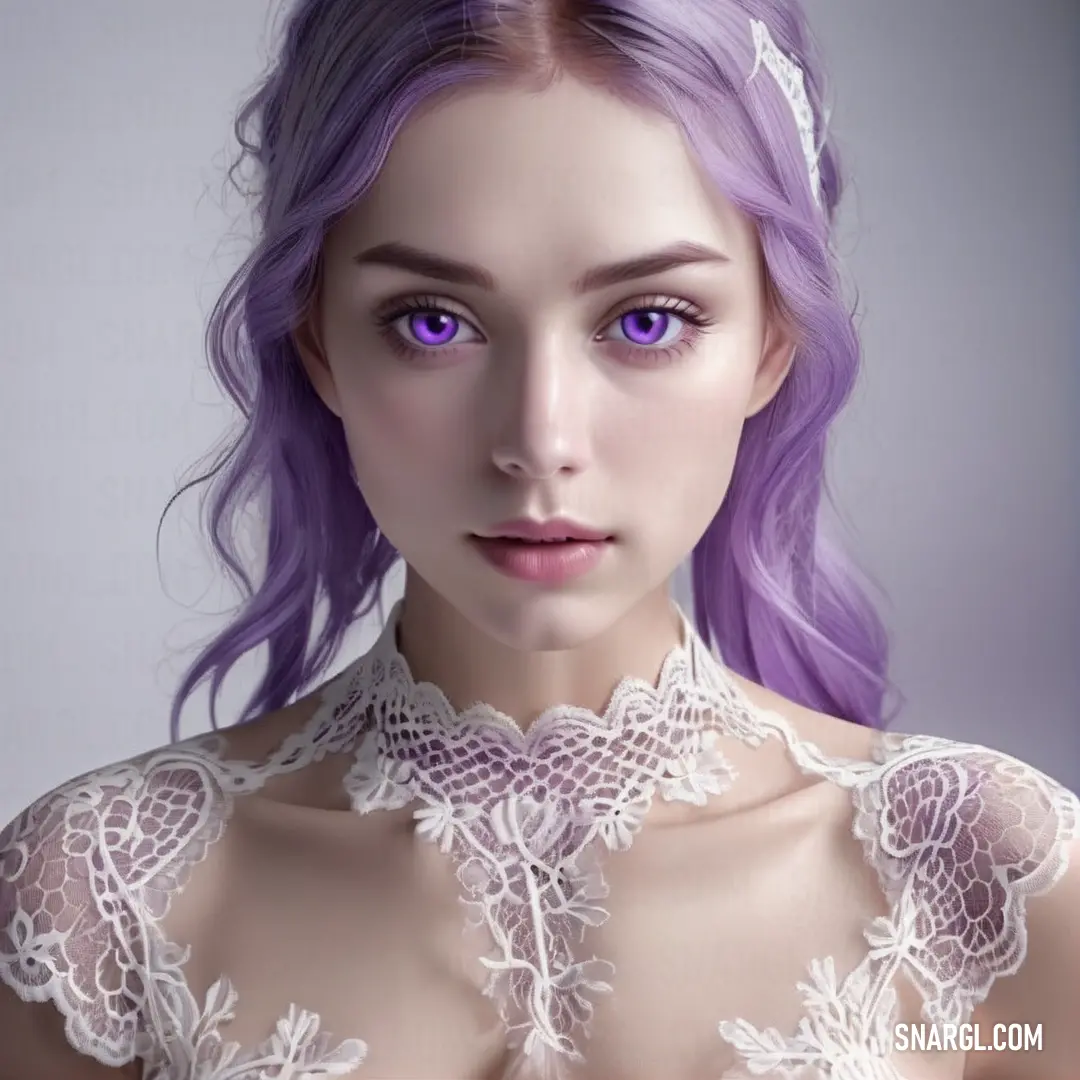 Woman with purple hair and a white dress with lacy collar and lace on it's neckline. Example of CMYK 36,60,0,0 color.