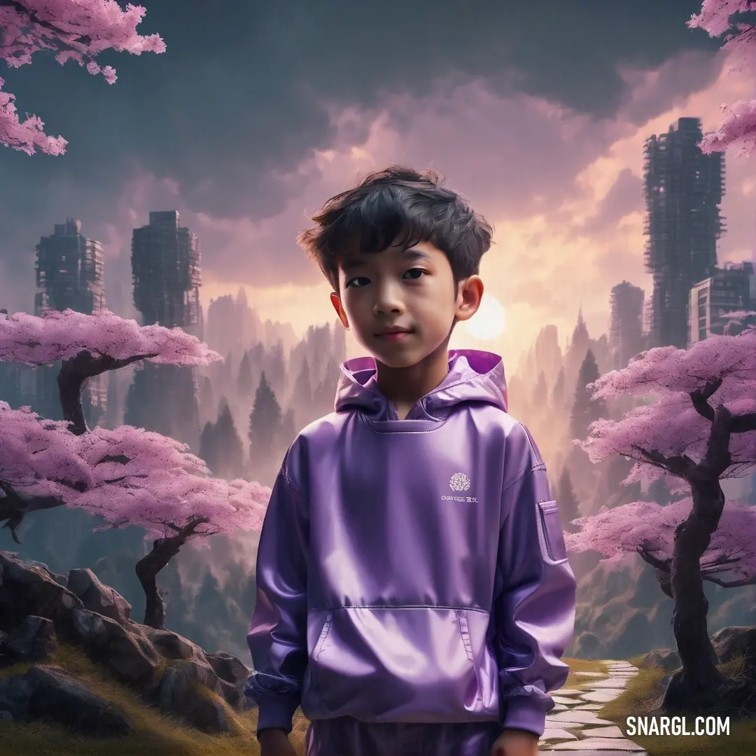 Young boy standing in front of a painting of a city with pink trees and a river in the foreground. Color RGB 170,126,179.
