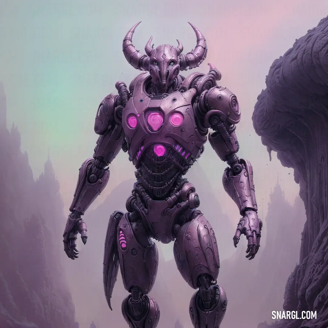 Futuristic robot with glowing eyes standing in a cave with a giant rock formation in the background and a purple hued sky