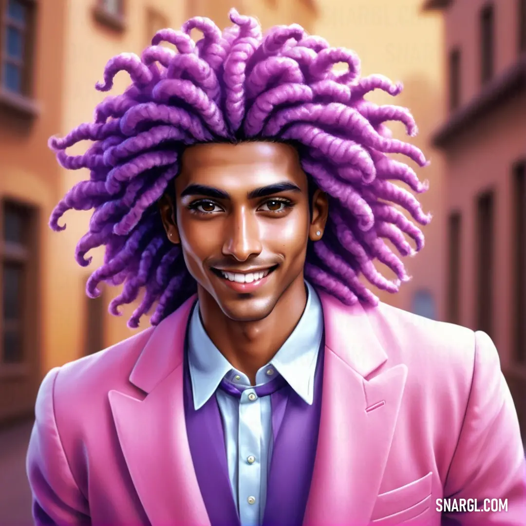 CMYK 44,70,0,0. Man with a pink suit and purple dreadlocks on his head