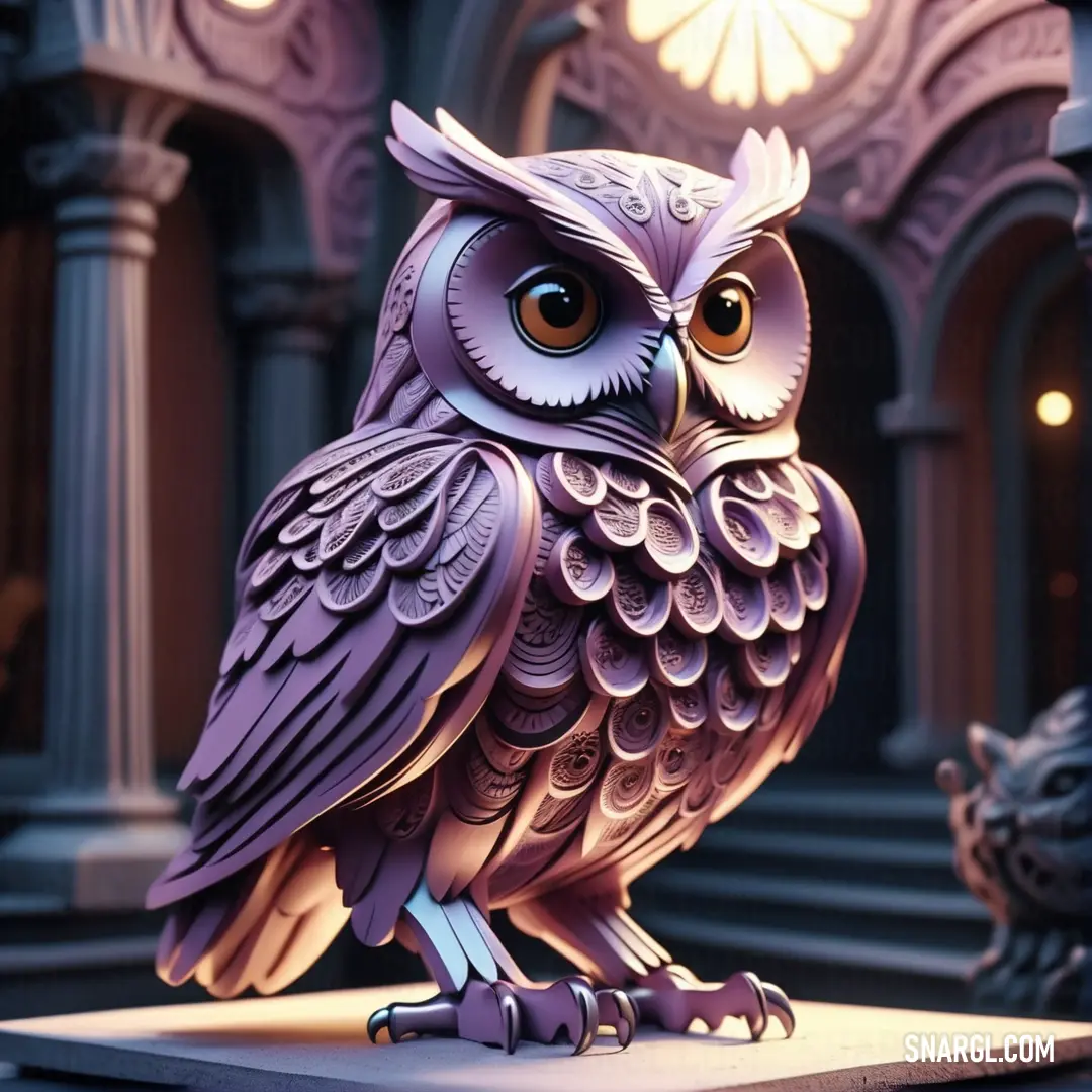 Purple owl statue on top of a table next to a building with a light on it's side. Color #9C6BA8.