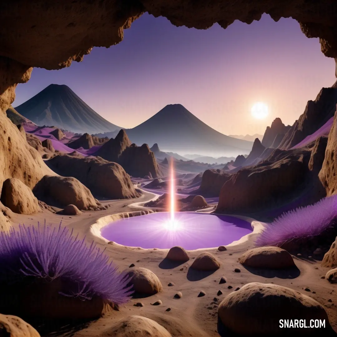 Purple pool of water surrounded by rocks and mountains at sunset with a bright light coming from the hole. Example of RGB 156,107,168 color.