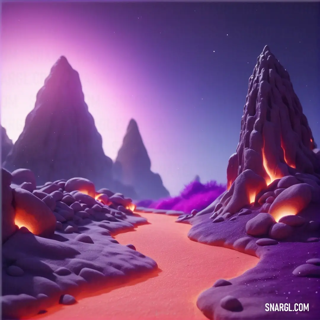 Cartoon scene of a snowy mountain with a path leading to a glowing star in the sky and a purple sky. Example of PANTONE 7442 color.