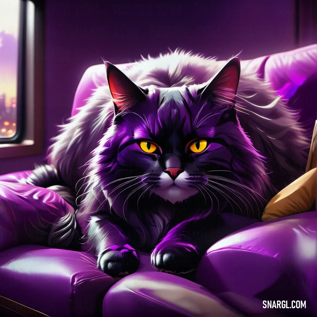 Cat is on a purple couch with a window in the background. Example of PANTONE 7442 color.