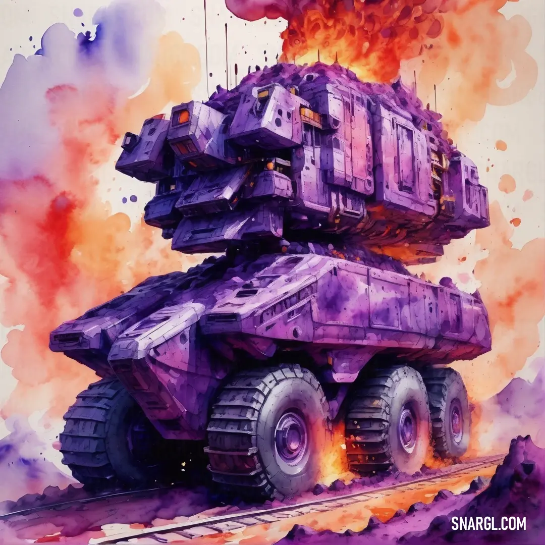 Painting of a purple tank with flames coming out of it's back end and a red cloud in the background. Example of RGB 133,72,147 color.