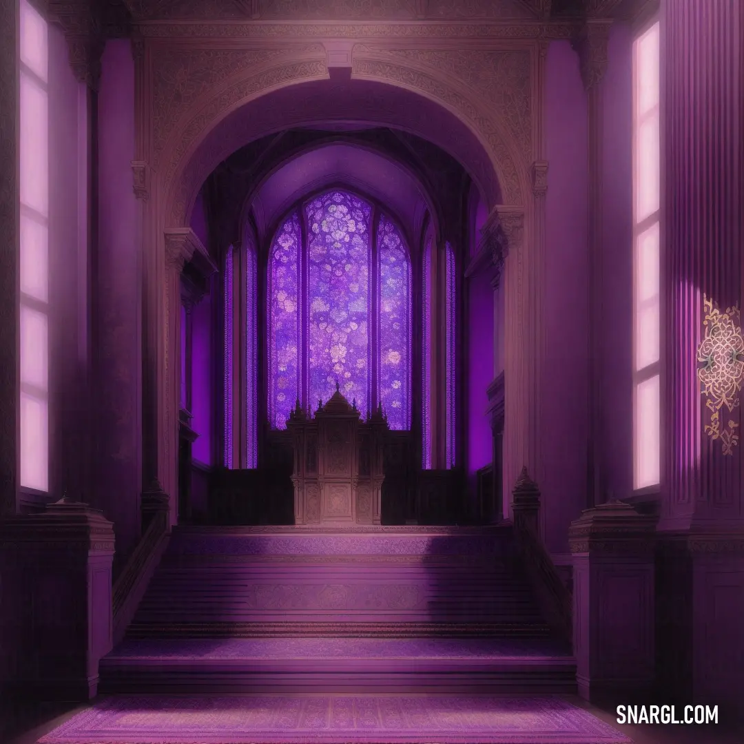 Purple and black photo of a church with stairs and a purple light coming through the windows