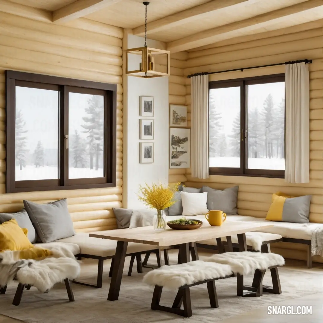 Living room with a table and a bench in it and a window with a view of the snow. Color PANTONE 7443.