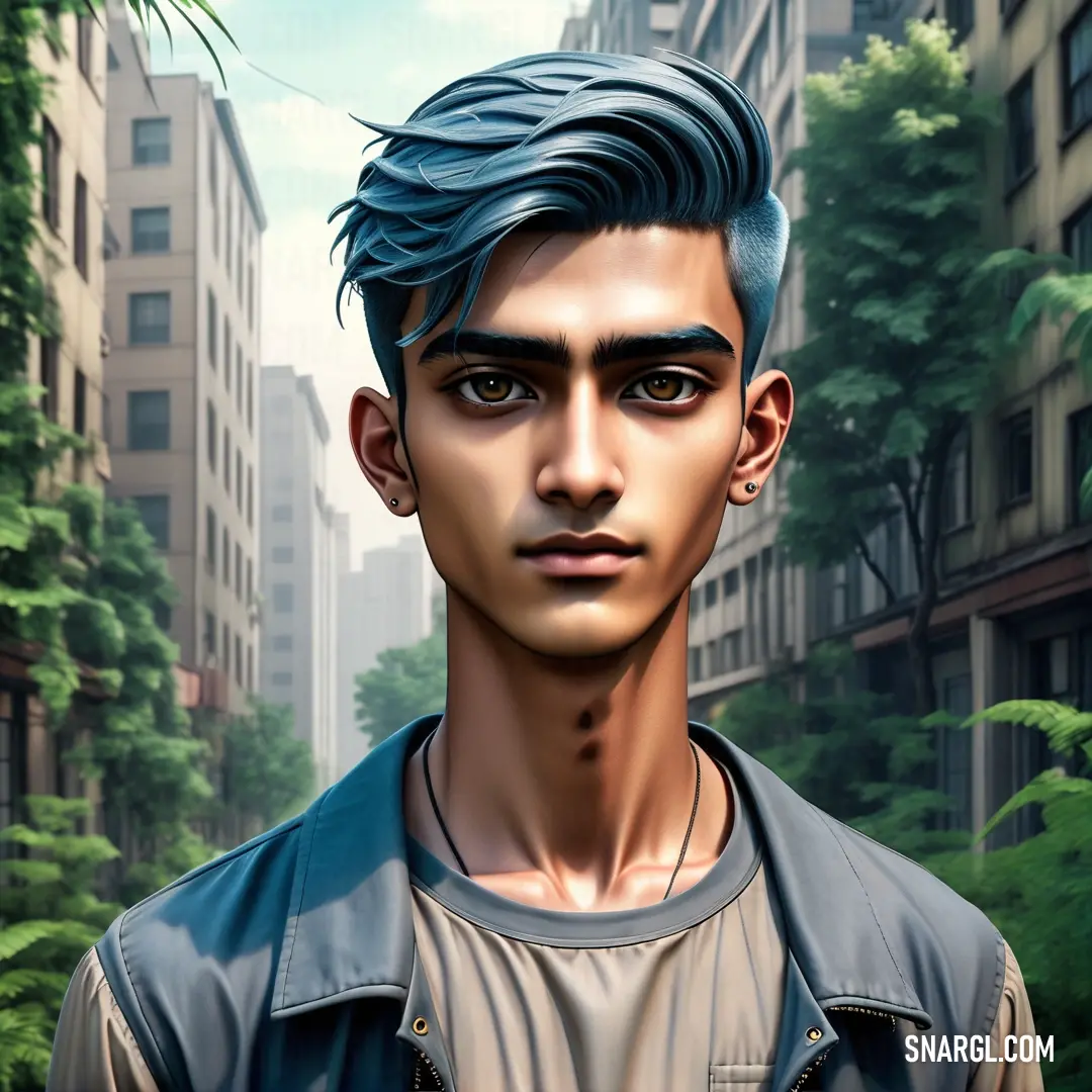 Man with a blue hair and a jacket on in a city street with tall buildings and trees in the background. Example of #B8BBDA color.